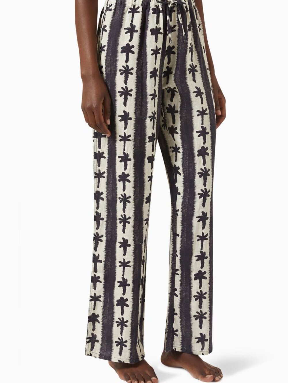 Desmond & Dempsey Palm Stripe Linen Cuban Pyjama Pant Black White Flowy